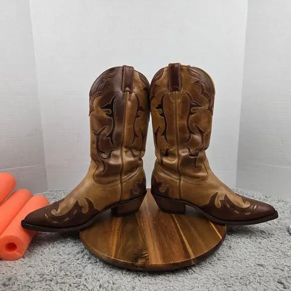 Boulet Womens 9.5C/B Brown Two Tone Inlay Casual Lifestyle Western Cowgirl Boots - Picture 12 of 16